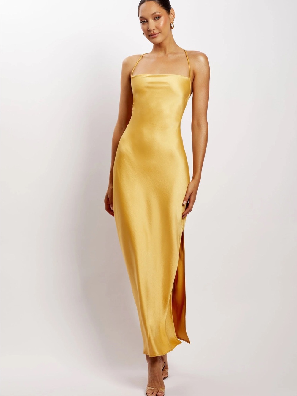 Meshki Metallic Gold Slip Maxi Dress with Side Slit